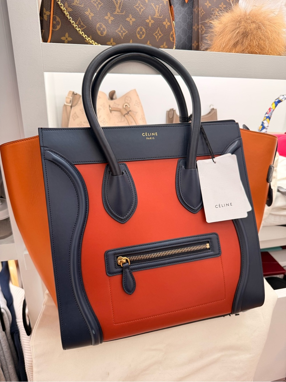 Authentic CELINE Two-Tone Orange & Navy Leather Tote